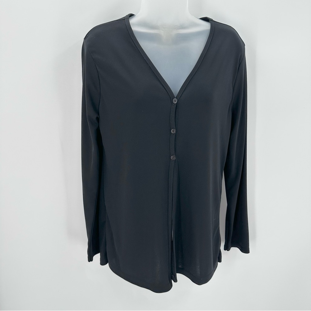VTG Express Tricot Knit Top Womens L Black Vneck 3 Button Long Sleeve Korea